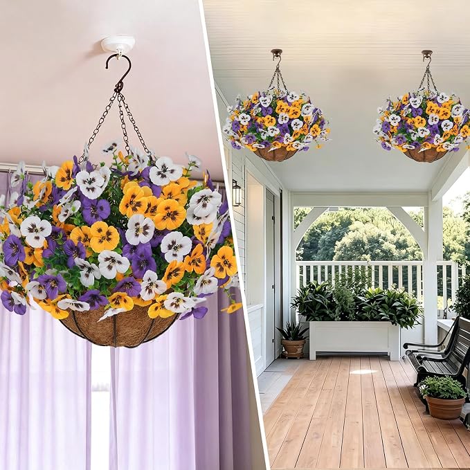 2 Set Artificial Hanging Flowers with Basket for Outdoor Decor, 24 Pcs Silk Pansy Fake Plants for Garden Porch Patio Balcony Yard Home Decoration