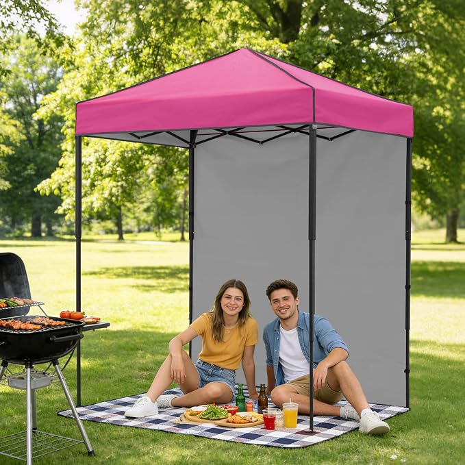 6x4 Pop Up Canopy Tent with One Wall Panel, Instant Portable Beach Canopy, Outdoor Tent with Carry Bag for Camping, Sports, Tailgating, Events, Pink