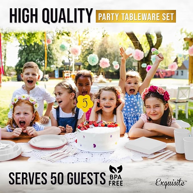 Party Solids 350 Pieces White Plastic Plates For Party, White Disposable Plates Set, 50 Of Each 9" Dinner Plate Set, 7" Dessert Plate, Cups, Napkins & Cutlery Plastic Dinnerware Set