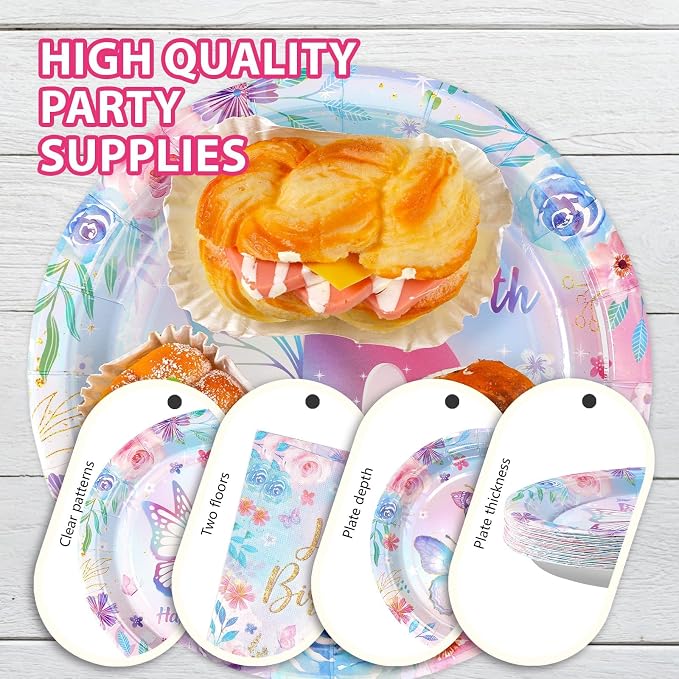 Greencian 96Pcs Butterfly 6th Birthday Party Decorations Butterflies Theme Disposable Sets for Girl Colorful Butterfly Plates, Napkins and Forks, 8 Years Old Birthday Party Supplies Serves 24