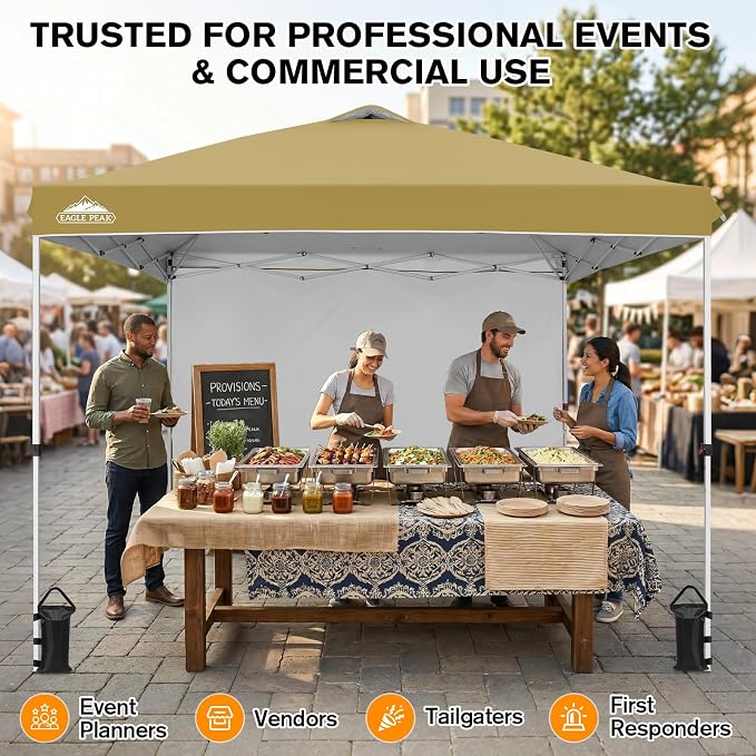 EAGLE PEAK Commercial Canopy 10x10 Pop Up Canopy Tent with 1 Sidewall, Easy Setup Heavy Duty Instant Event Shelter for Vendors & Markets, Outdoor Sun Shade, Beige
