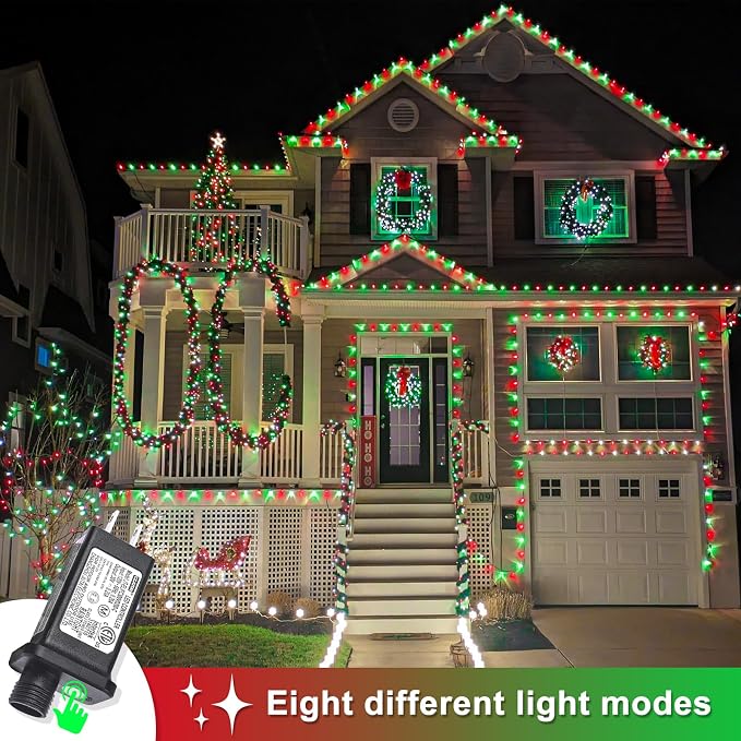 400 LED Christmas Lights Outdoor, 132 FT Red and Green String Lights for Bedroom Waterproof, 8 Modes Plug in Clear Wire Fairy String Lights for Indoor Outside Tree Patio Halloween Decorations