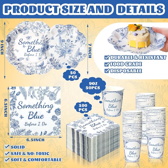 Newtay 250 Pcs Something Blue Bridal Shower Decorations Scalloped Blue and White Floral Plates and Napkins Bridal Shower Disposable Paper Tableware Set for 50 Guests for Wedding Engagement Party