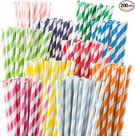 Weemium Paper Straws Disposable - 200 Pack - Durable & Non-Soggy Striped Paper Straws for Drinking in 10 Colors - 100% Biodegradable & Eco-Friendly for Parties, Events, Crafts & Everyday Use