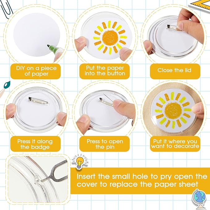 Yilloog 100 Pcs 3 Inch Acrylic Clear Buttons with 200 Paper 20 Sim Card Removal Tool Make Your Own Buttons with Pin Clear Button Pins Acrylic Design Button Badge for DIY Craft Activities