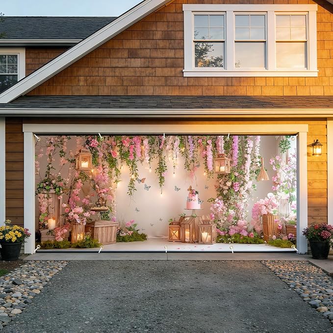 Garden Garage Door Banner Cover 7x16FT Waterproof Cherry Blossom Floral Backdrop with Butterflies –Spring Easter Wedding Decor,Baby Shower Photo Booth Background, Birthday Party & Outdoor Decoration