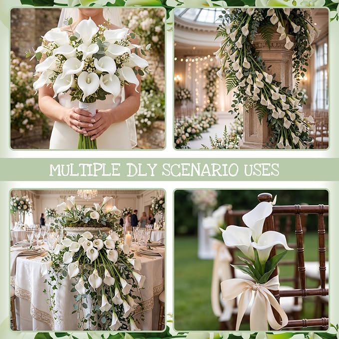 Lyrow 120 Pack Classic White Calla Lily Artificial Flower, Faux Calla Lily Hanging Flower, Ceiling Floating Garland Fake Floral Ornament for Wedding Arch Table Decor DIY Bouquet Bride Shower Tall Vase
