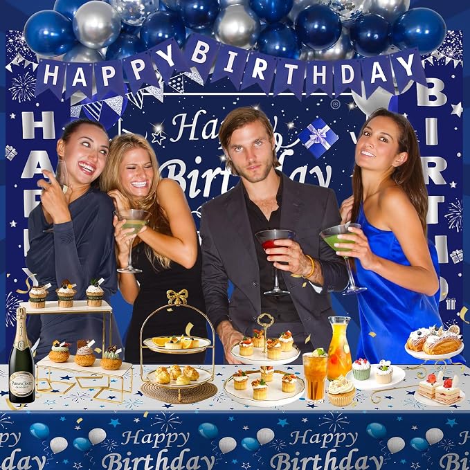 Blue and Silver Birthday Party Decoration for Men Boys Women Girls | Happy Birthday Backdrop Banner Tablecloth Party Supplies Confetti Balloons Arch