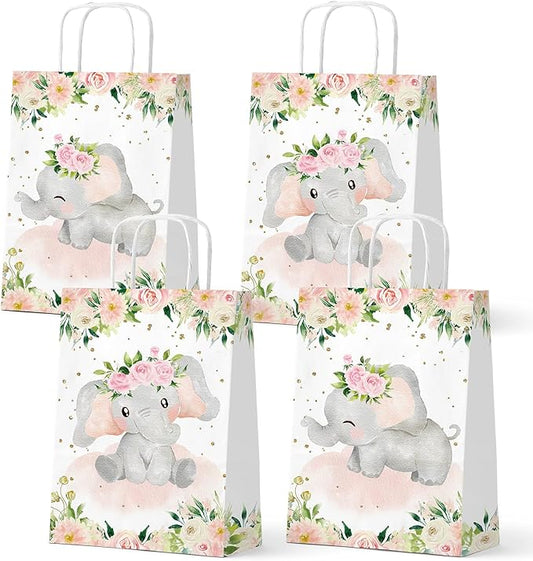 24 Pack Girl Elephant Party Gift Bags, Floral Elephant Paper Favor Bags with Handles, Cute Elephant Birthday Party Supplies for Girls