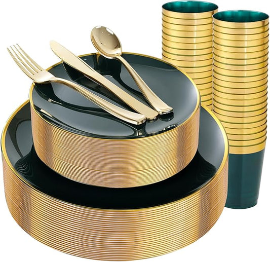 LIYH 180 Pcs Green and Gold Plastic Plates - Green Disposable Dinnerware Sets Dinner Dessert Plates, Gold Plastic Silverware Cups for Holiday Party Birthday