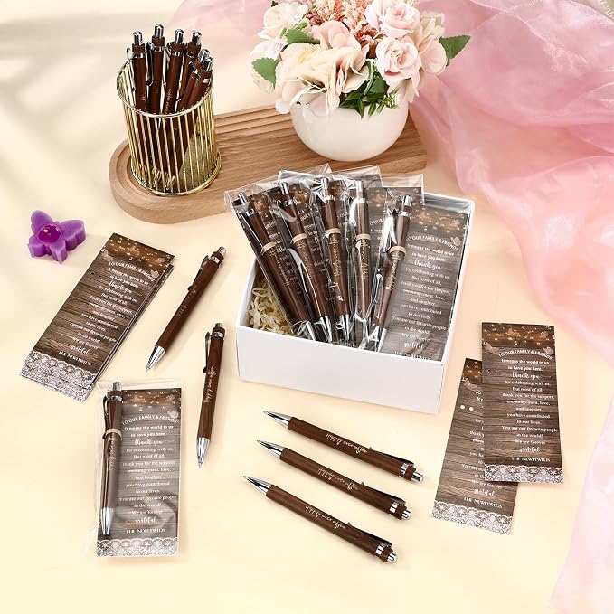 Cholemy 36 Sets Wedding Favors for Guests Happily Ever After Bamboo Ballpoint Pens with Thank You Cards Organza Bag Bulk Thank You Gifts for Rustic Bridal Shower Wedding Party