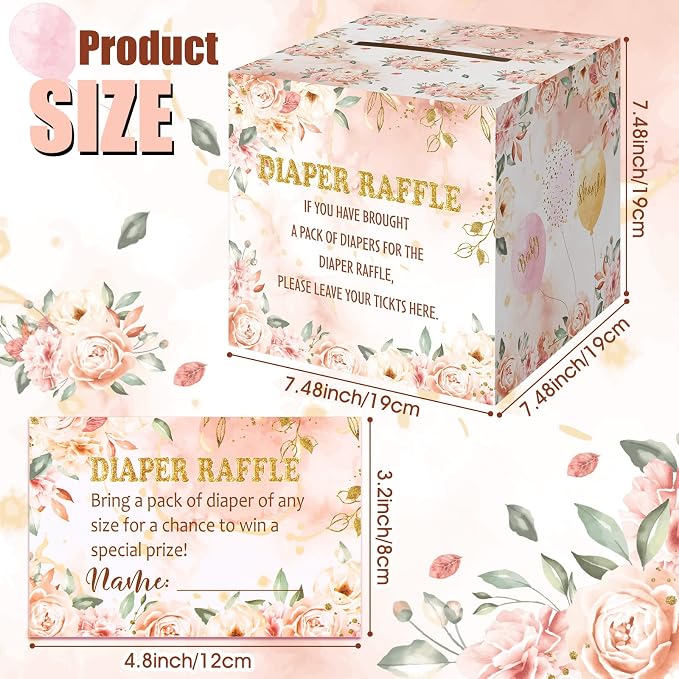 Teling 51 Pieces Diaper Raffle Tickets with Card Box Baby Shower Decorations Baby Shower Holder Box for Girl Boy Diaper Raffle Party(Floral Style)