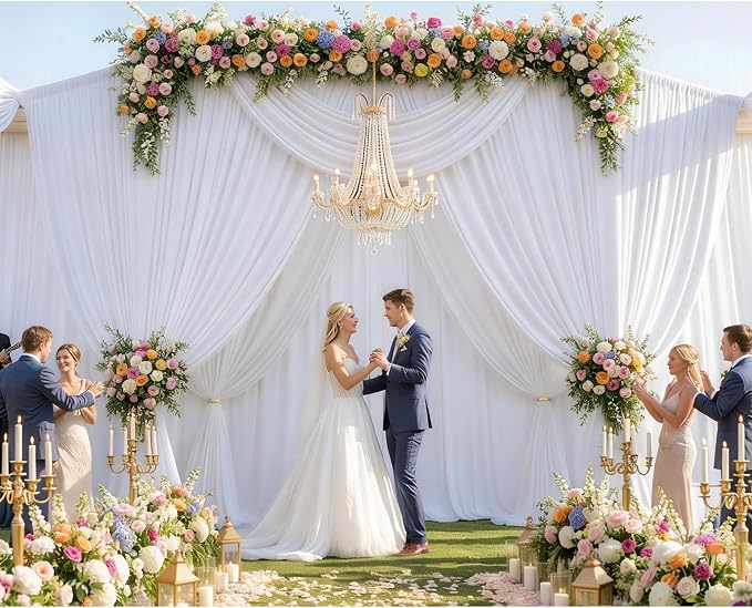 10ft×15ft White Backdrop Curtain for Wedding Parties, Wrinkle Free Silky Polyester 2 Panels 15 ft Long Photo Backdrop Drapes Back Drop Cloth Drapery for Birthday Photography Background Curtain
