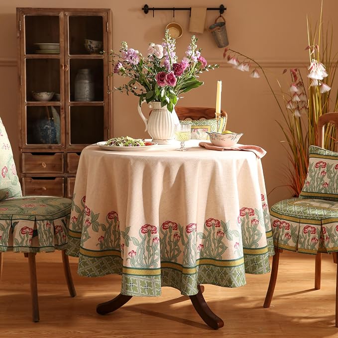 patdrea Vintage French Linen Tablecloth,Round,Diameter 67"-Cecilia D | Colorful Elegant Table Cloth for Round Table,Floral Vine Patterned,Dining Room Tea Party Thanksgiving Decor
