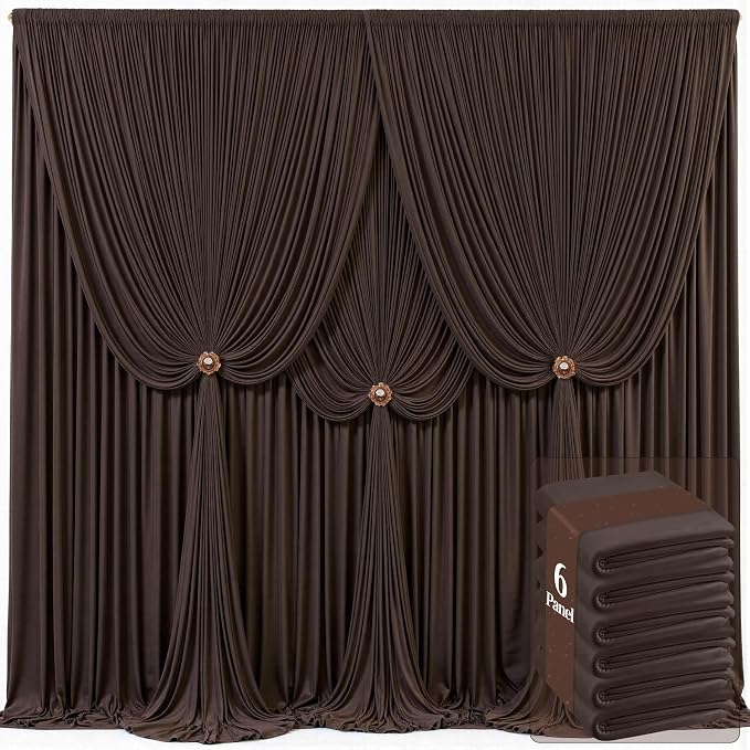 6 Panels Brown Backdrop Curtains for Wedding Party Wrinkle Free Backdrops Curtain Drapes Fabric Decorations Photo Back Drop Cloth for Baby Shower Photography Stage Reception 30ft(W) x 12ft(H)