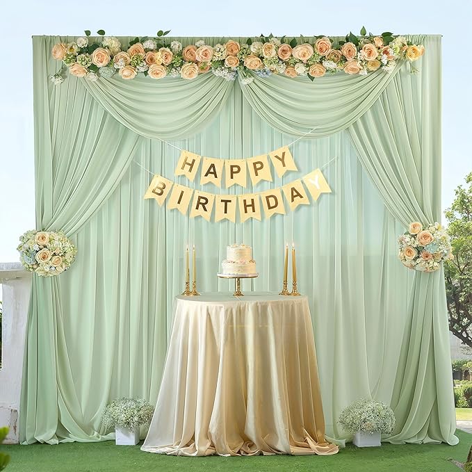 20ft x 10ft Sage Green Backdrop Curtains, Wrinkle-Free Sheer Chiffon Fabric Backdrop Drapes for Wedding Arch Party Ceremony Stage Photo Decoration