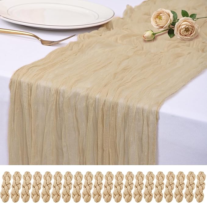 20 Pack Beige Cheesecloth Table Runner 17x108 Inch Semi Sheer Boho Rustic Gauze Cheese Cloth Table Runners for Wedding Party Birthday Baby Shower Home Décor