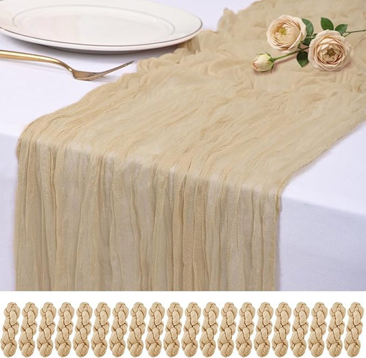 20 Pack Beige Cheesecloth Table Runner 17x108 Inch Semi Sheer Boho Rustic Gauze Cheese Cloth Table Runners for Wedding Party Birthday Baby Shower Home Décor