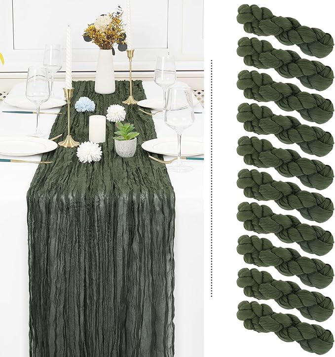 10 Pack Cheesecloth Table Runner - Deep Green Gauze, 10FT Long Semi-Sheer for Boho or Rustic Wedding Decor, Arch Draping, Bridal Shower, Holiday Party