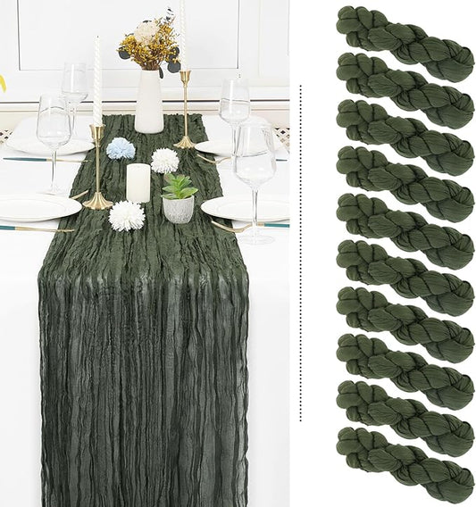 10 Pack Cheesecloth Table Runner - Deep Green Gauze, 10FT Long Semi-Sheer for Boho or Rustic Wedding Decor, Arch Draping, Bridal Shower, Holiday Party