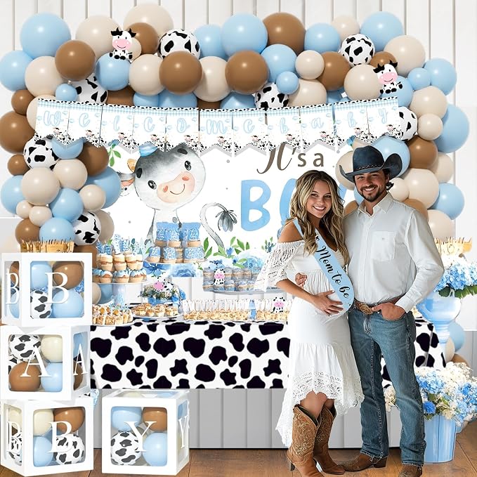 Cow Baby Shower Decorations for Boy, Cow Print Baby Shower Decorations, Blue It’s a Boy Backdrop Balloon Welcome Banner Tablecloth Cake Topper Box Mom To Be Sash