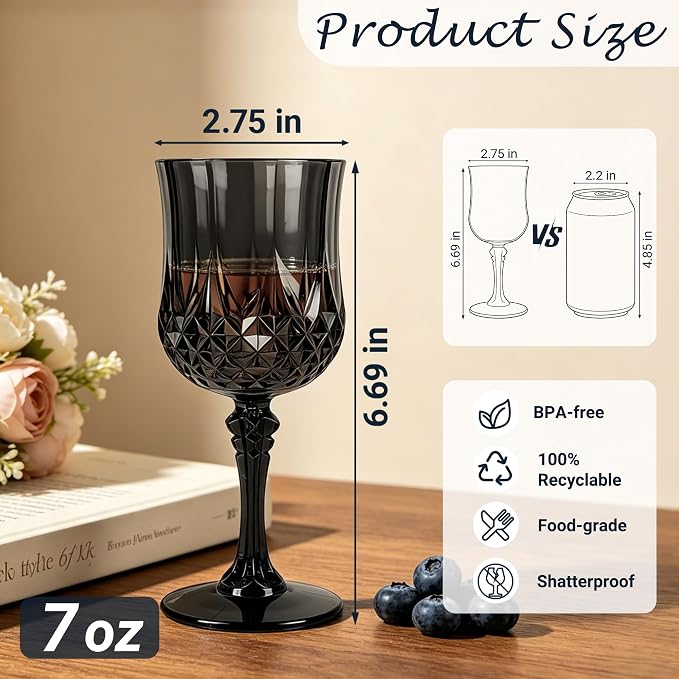 Plastic Wine Glasses, Plastic Goblets Vintage Style Cordial Unbreakable Drinking Glasses, Reusable Drinkware for Wedding Reception, Grand Event Party Supplies (48, Black)