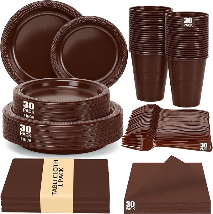 Brown Plastic Plates for Party,30 Guest Disposable Brown Party Supplies Including Dinner&Dessert Plate,12oz Cups,Cutlery,Napkins & Tablecloth Dinnerware Decorations for Birthday Wedding