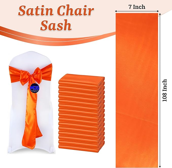 MDS Satin Chair Sashes, 10 Pack, 7”x108” Each, Decorative Chair Bows Ribbon Tie Backs for Wedding Party, Holiday Dinner, Birthday, Reception, Banquet, Hotel & Event Decoration - Orange