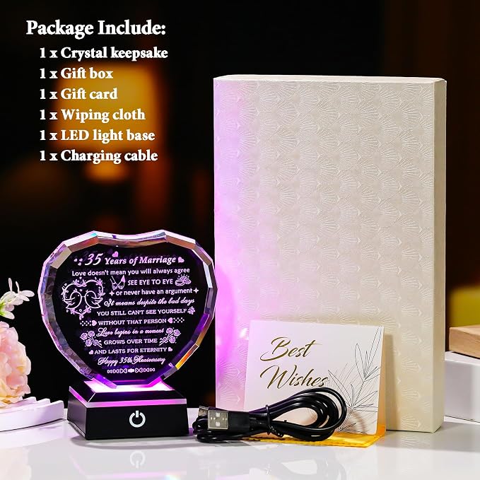 Arikyrist 35th Wedding Anniversary Crystal Heart Gifts for Couple, Laser Engraved 35 Year Anniversary Crystal Gifts for Wife Husband Parents, Romantic 35 Years of Marriage Gift for Him Her Friends