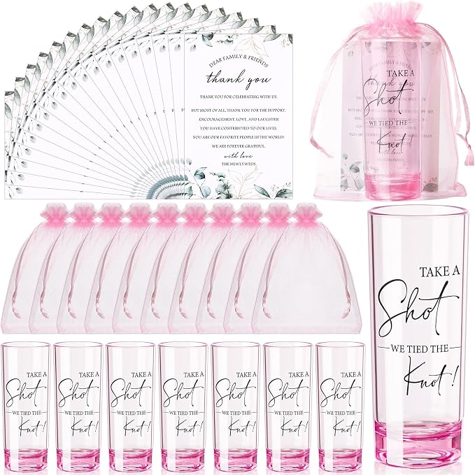 Sliner 50 Set Wedding Favors for Guests Bulk 2oz Acrylic Take a Shot We Tied the Knot Shot Glasses with Thank You Cards Organza Bags for Guest Souvenirs Wedding Newlyweds Bridal Shower Gifts (Pink)