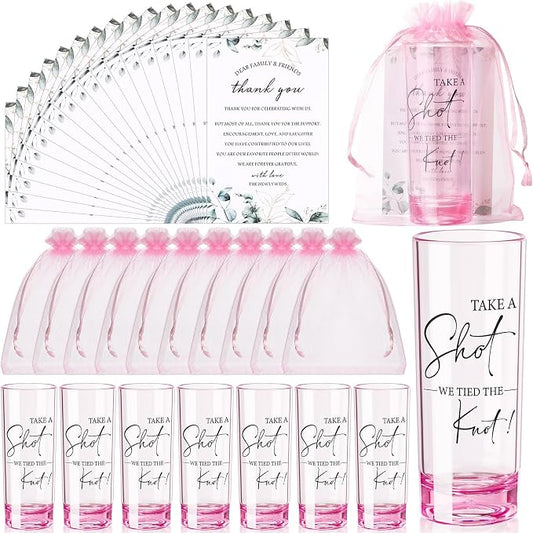 Sliner 50 Set Wedding Favors for Guests Bulk 2oz Acrylic Take a Shot We Tied the Knot Shot Glasses with Thank You Cards Organza Bags for Guest Souvenirs Wedding Newlyweds Bridal Shower Gifts (Pink)