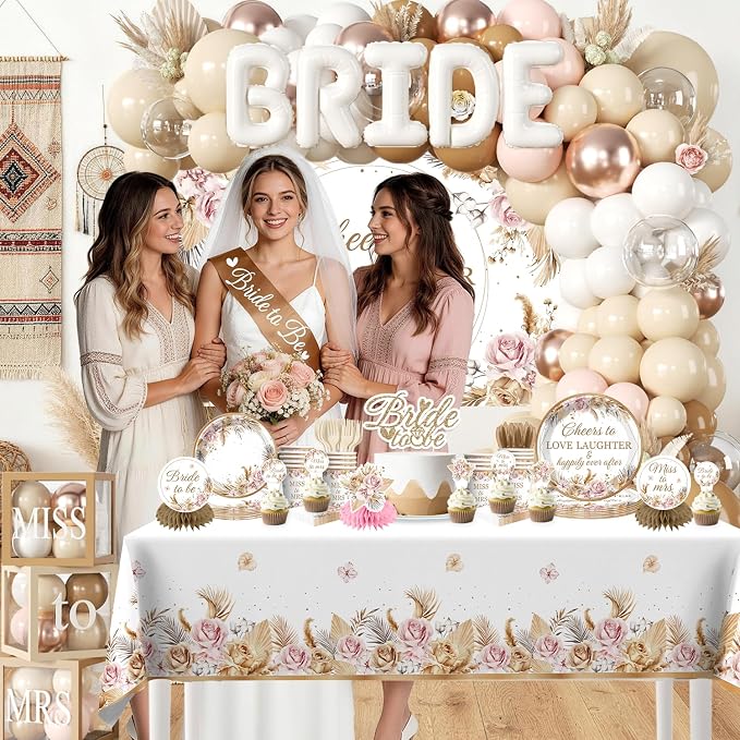 cocomigo 301pcs Boho Bridal Shower Decorations Complete Party Set, Serves 25 Guests, Boho Wedding Engagement Theme Bridal Shower Decorations, includes Balloon Arch Box Tableware Veil Shoulder Straps