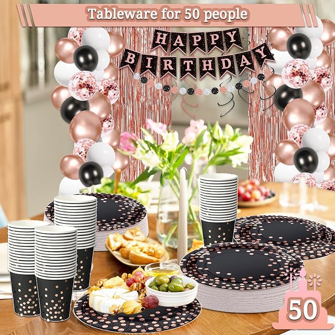 291 Pcs Rose Gold and Black Birthday Decorations, Happy Birthday Decorations for Women Supplies - Banner, Balloon, Tiara, Sash, Photo Props, Tableware with Rose Gold for 50 Guests