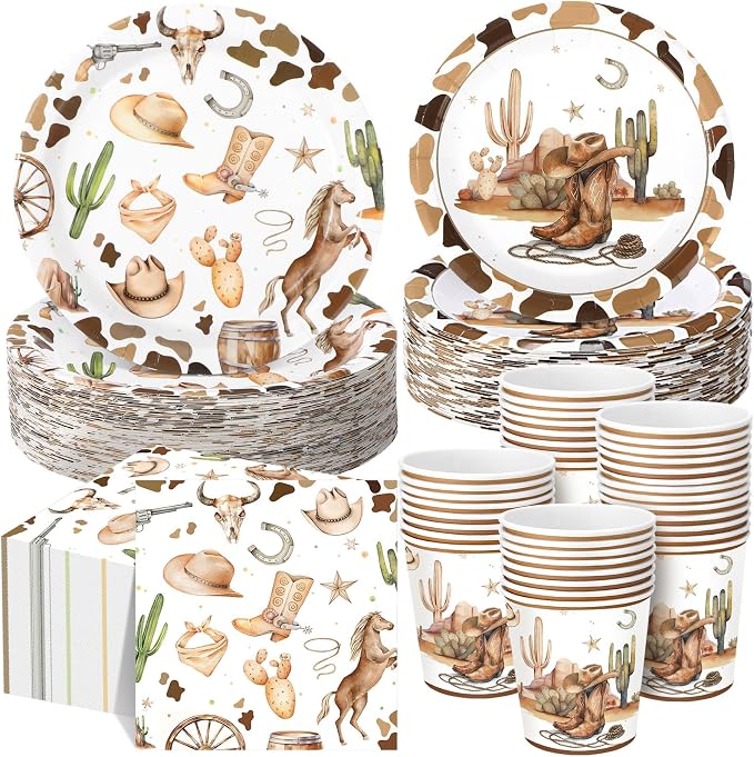 Pickmesh 250 Pcs Western Cowboy Party Decorations Wild West Disposable Tableware Set Cowboy Paper Plates Napkins and Cups for Rodeo Birthday Baby Shower Party Decorations Serve 50