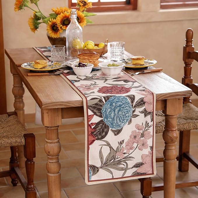 bilin gaier Linen Floral Table Runner 87 Inches Long,Vintage Rustic Farmhouse Blue and Red Flower Table Runners,Table Decoration for Coffee & Dining Table Home Party Kitchen.12 x87-Burgundyred