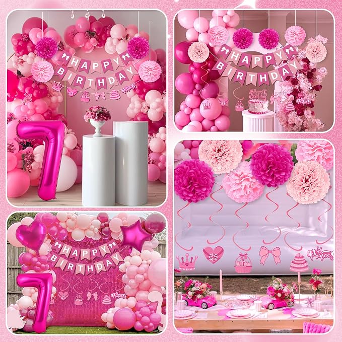 7th Birthday Decorations for Girls, Pink Party Decorations with Number 7 Balloon Happy Birthday Banner Bday Sash Crown Tablecloth Fringe Curtain Hanging Swirl for 7 Balloons for Bday Girl