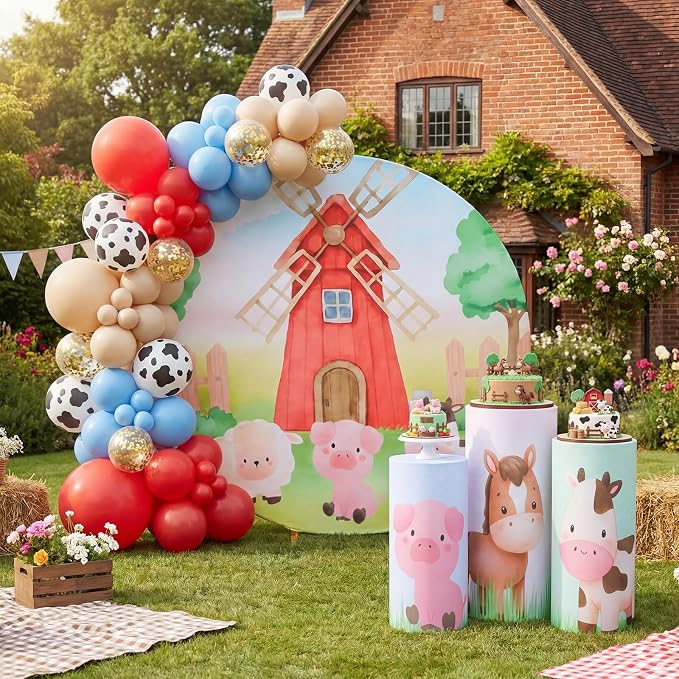 146 Pcs Farm Animals Arch Backdrop Cover Cylinder Stand Covers balloons set for party Photo Props 7.2 feet Animal Round Backdrop Covers for Farmhouse Country Birthday Baby Shower Ceremony Party Decor