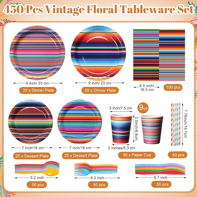 450 Pcs Mexican Serape Party Tableware Set Fiesta Decorations Taco Bar Paper Plates Colorful Stripes Napkins Cups Cutlery Straws for Taco Tex Mex Birthday Party Supplies, Serves 50