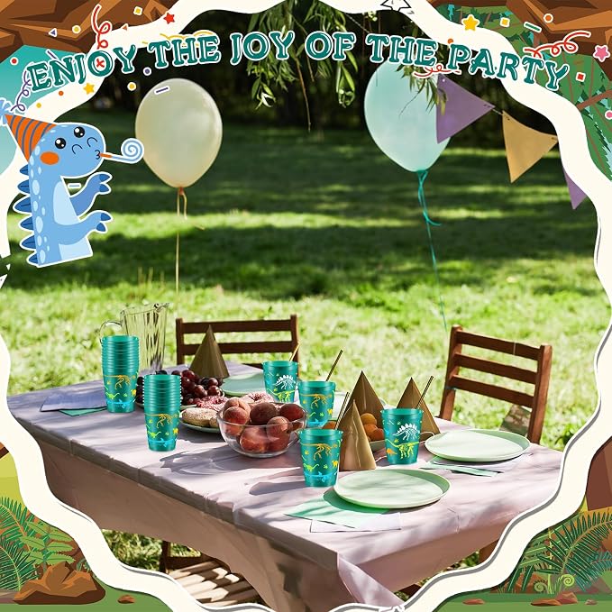 Lallisa 50 Pcs 16 oz Dinosaur Cups, Plastic Dinosaur Birthday Party Supplies Dinosaur Cups Tumbler for Dinosaur Party Favors Table Decorations
