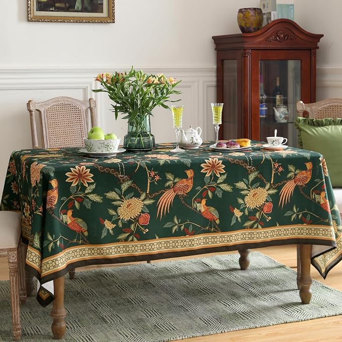 ISAENNE Designer Linen Green Rectangular Tablecloth,118"x67"-Mitchell | Vintage Elegant Long Table Cloth Rectangle Table,Floral and Bird Pattern,Dining Room,Kitchen,Tea Party,Thanksgiving,Decor
