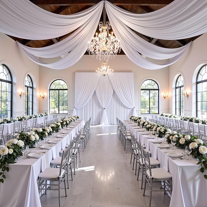 10ft x 15ft White Backdrop Curtains for Wedding Parties, 2 Panels Wrinkle Free Fabric Drapes Photo Back Drop Cloth for Baby Shower Birthday Stage Reception Lobby Decoration