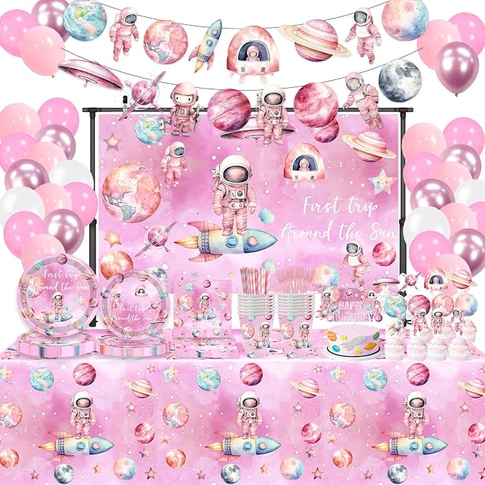 198 Pcs First Trip Around The Sun Birthday Decorations Pink Outer Space One Year Old Tableware Includes Backdrop, Banner, Cake Cupcake Topper, Plates, Cups, Tablecloth for Space Theme 1st Birthday