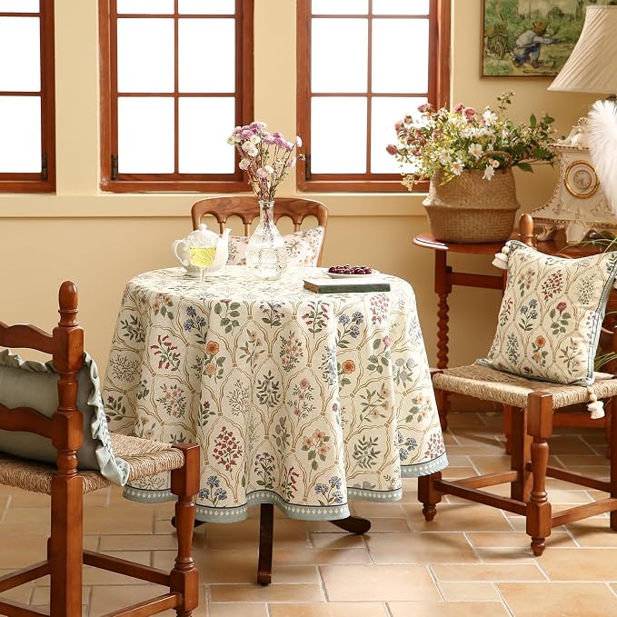 ISAENNE Designer Vintage Round Linen Tablecloth,Diameter 55"-Serenity B | Elegant Small Colorful Floral Pattern Beautiful Heavyweight Table Cloth for Dining Room Tea Party Kitchen Thanksgiving