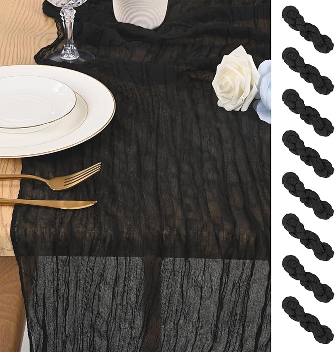 8 Pack 10Ft Cheesecloth Table Runner Black, 20 x 120 Inch Rustic Gauze Boho Cheese Cloth Wedding Long Table Runner for Wedding Party Bridal Shower Decoration