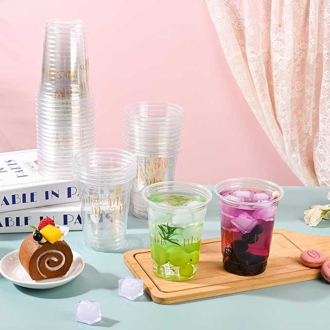 AimFun 50Pcs Mr and Mrs Plastic Cups Wedding Bridal Shower Disposable Party Cups Wedding Reception 12oz Clear Drinking Cup for Anniversary Birthday Party Supplies Decorations (50, Gold)