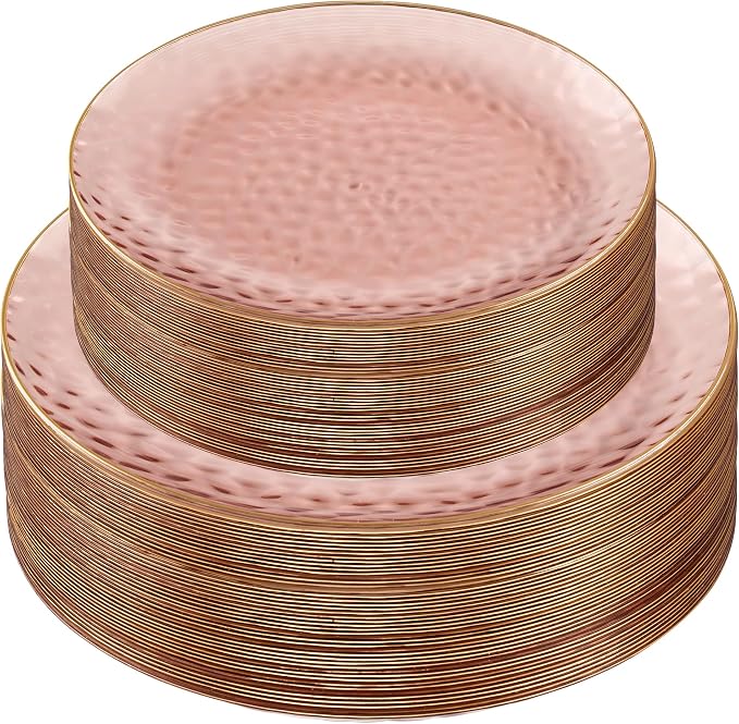 PLASTICPRO 128 Piece Combo Plates Set includes 64-7'' inch Plates & 64-10'' inch Dishes Rose Hammered Plastic PartyPlates Premium heavyweight Elegant, Disposable, Tableware, Dishes,