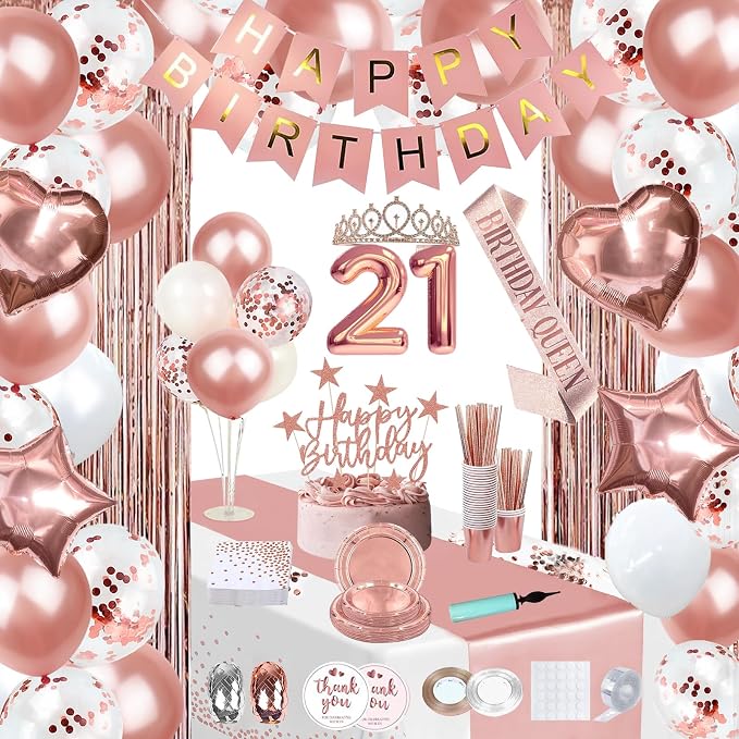 255 Pcs Rose Gold 21th Birthday Decorations for Women – Party Decoration Supplies Kit with “Happy Birthday” Banner, Balloons, Crown, Sash, Cake Topper, Tableware & Fringe Curtain for 25 Guests