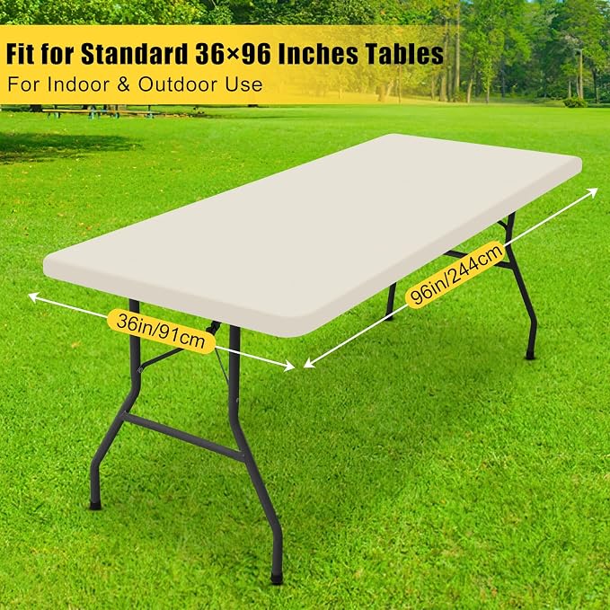 Smiry 3 Pack Rectangle Table Cloth, Elastic Fitted Flannel Backed Vinyl Tablecloths for 8ft Folding Tables, Waterproof Wipeable Table Covers for Indoor, Outdoor, Camping and Picnic (Beige, 36"x96")