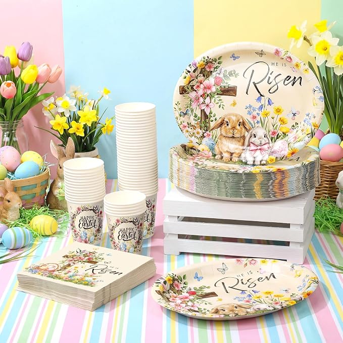 Vesici 150 Pcs Easter Cross Paper Plates and Napkins Set-serves 50, 10'' x 12'' Large Bunny Flower Tableware Disposable Primary Cross Paper Plates Cups Napkin for Spring Easter Birthday Party Supplies