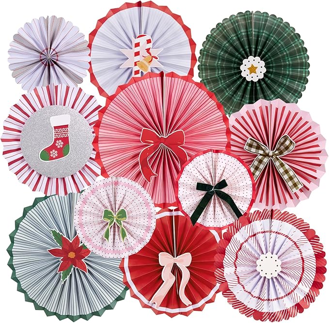 SUNBEAUTY Christmas Party Decorations Hanging Paper Fans Christmas Classroom Decorations Red Green White Paper Fans with Candy Bow for Xmas Holiday Ceilings Wall Decor Winter New Year Party Supplies